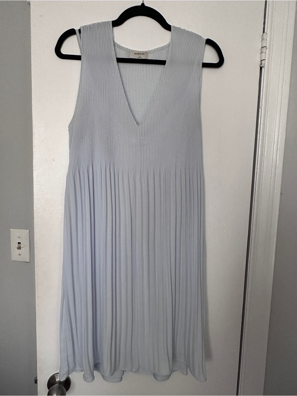 Babaton Pale Blue Sleeveless Pleated V-Neck Midi Dress